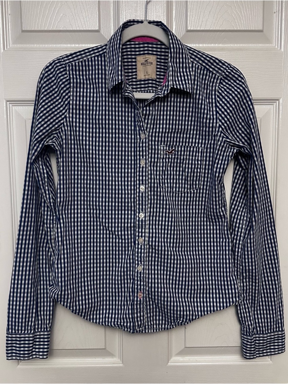 Hollister Y2K Blue White Gingham Long Sleeve Button Down Shirt Preppy Women S